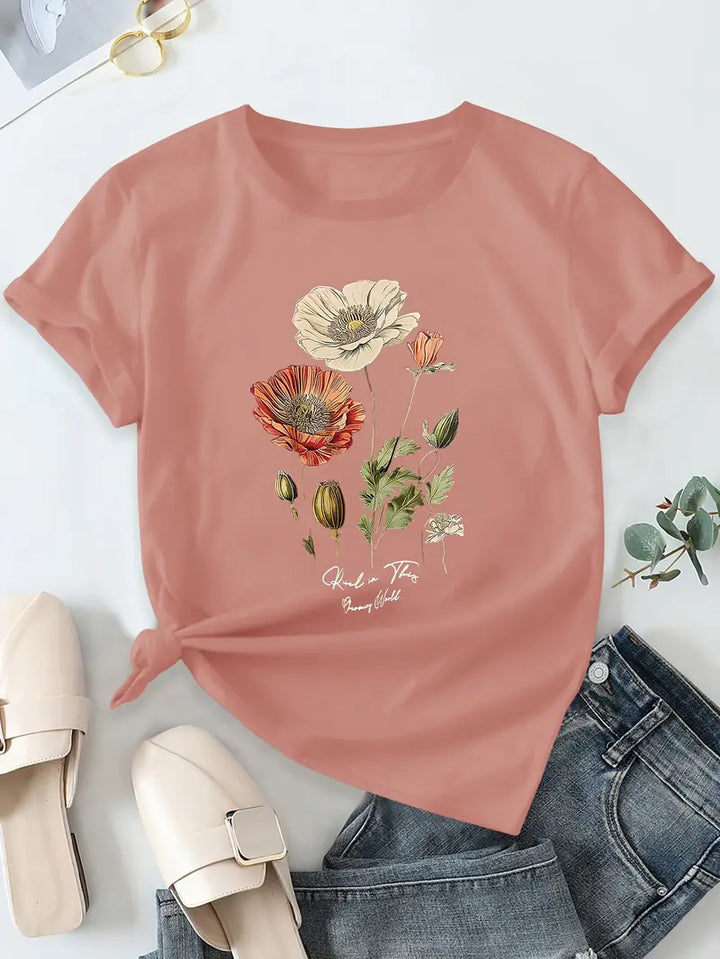 Aimilia - フローラルプリントのエレガントな半袖Tシャツ