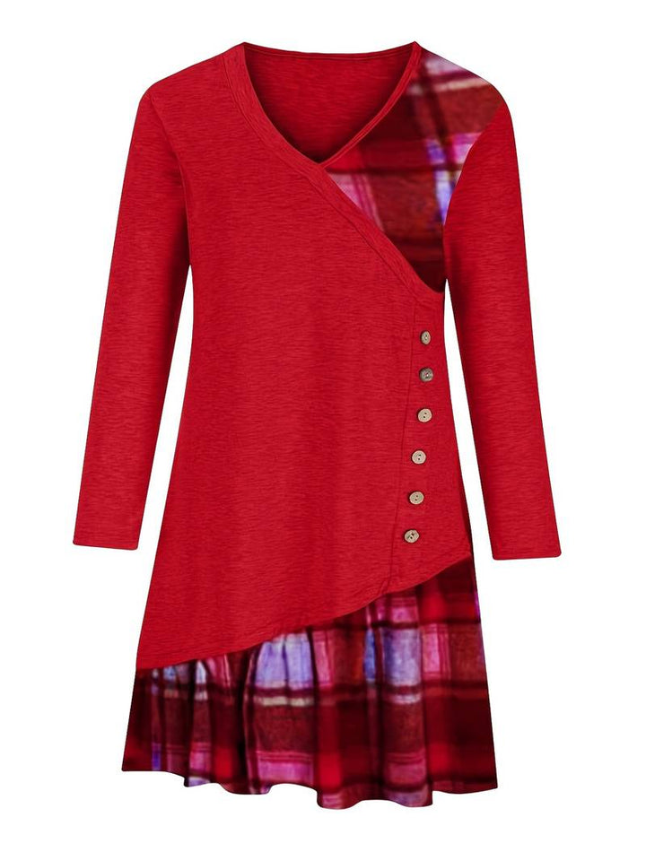 Alinor - カジュアルなチェック柄パッチワーク長袖ワンピース