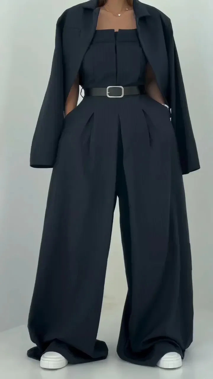Lavara - クロップドブレザーとワイドレッグパンツのセット
