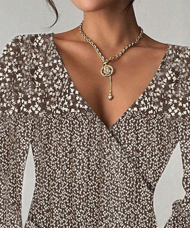 Jade - 流れるようなロングスリーブのレトロでリッチなブラウンのトップス