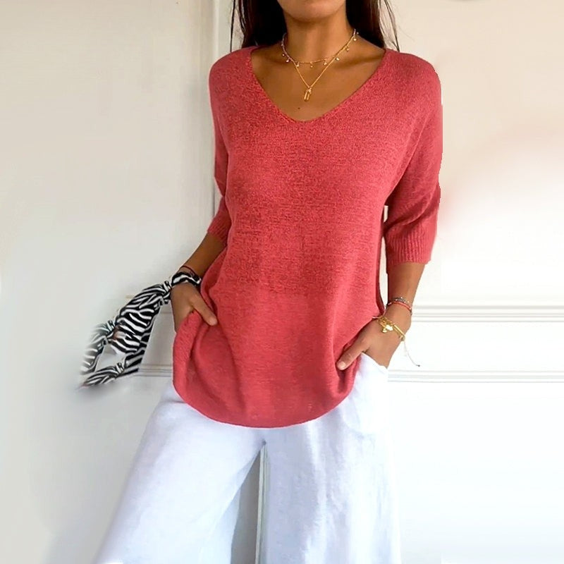 Anjela - カジュアルニットシャツ（Vネック）