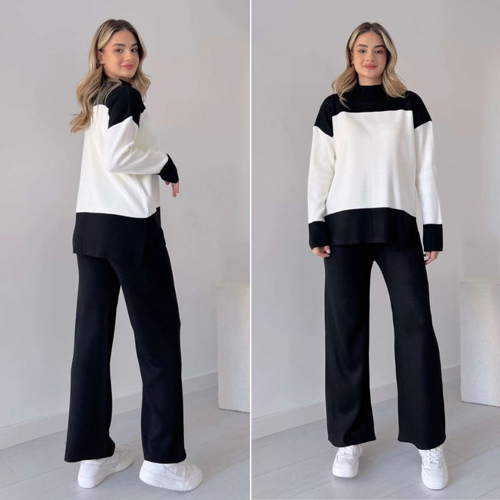 Wenja -ラウンドネックトップスとワイドレッグパンツの2点セット