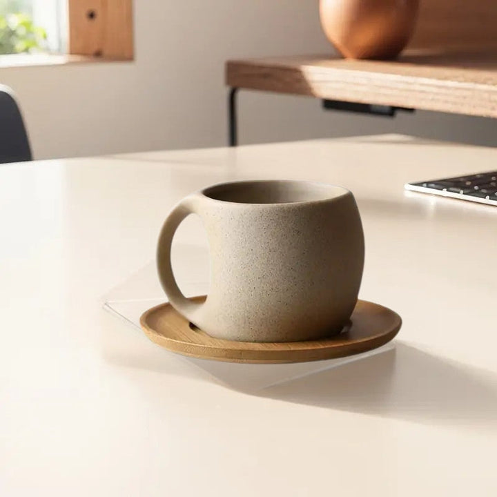 ClayHaven - 陶器のコーヒーカップと木製ソーサー