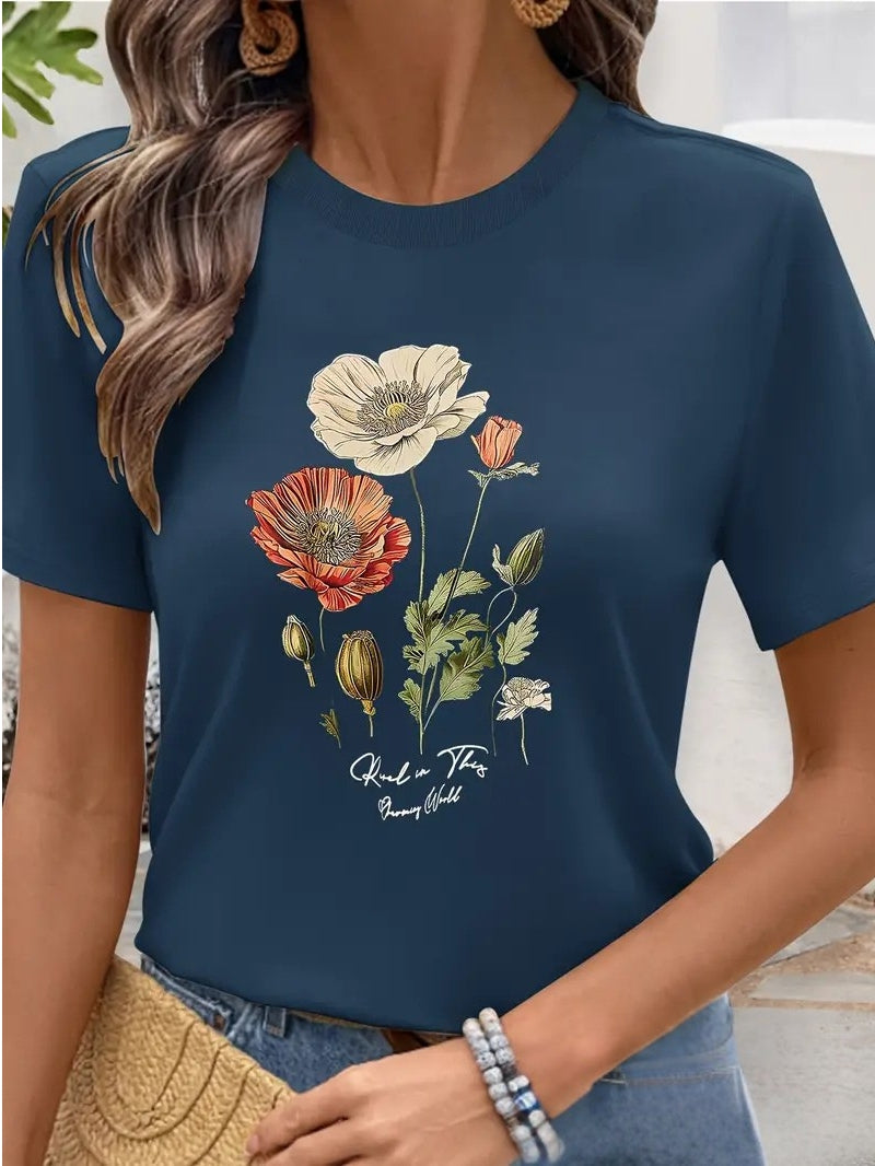 Aimilia - フローラルプリントのエレガントな半袖Tシャツ