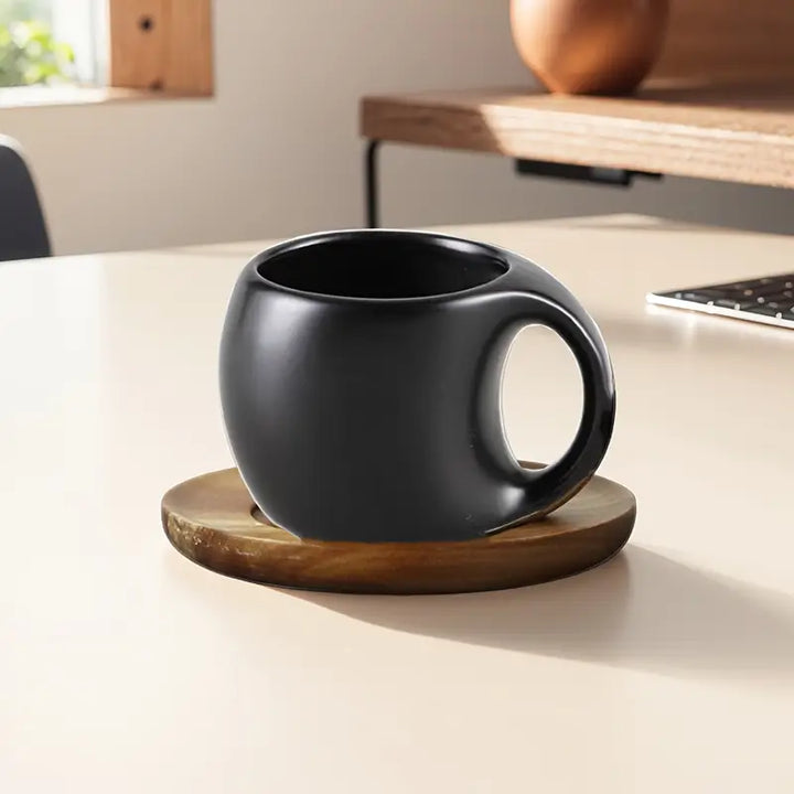 ClayHaven - 陶器のコーヒーカップと木製ソーサー