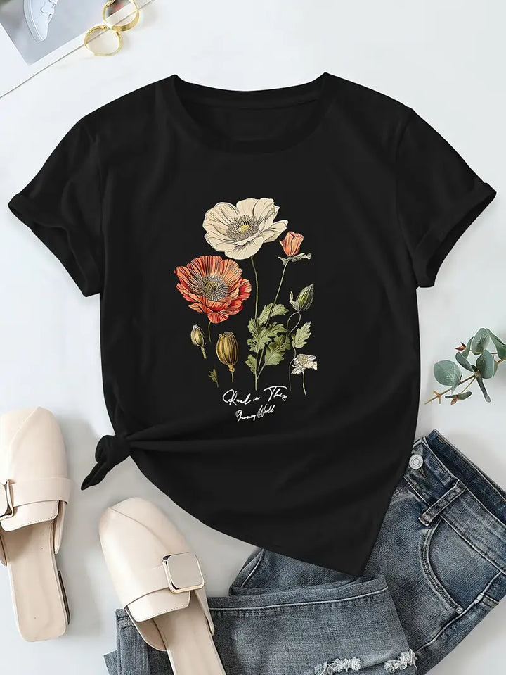 Aimilia - フローラルプリントのエレガントな半袖Tシャツ