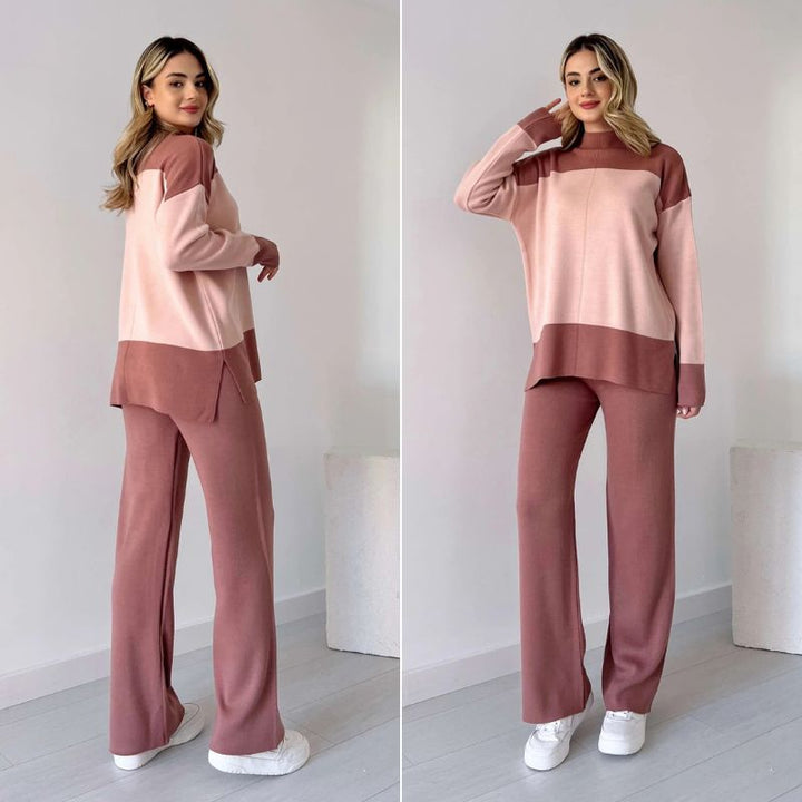 Wenja -ラウンドネックトップスとワイドレッグパンツの2点セット