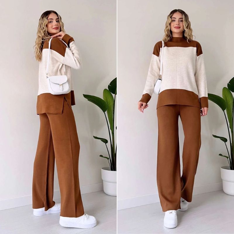 Wenja -ラウンドネックトップスとワイドレッグパンツの2点セット