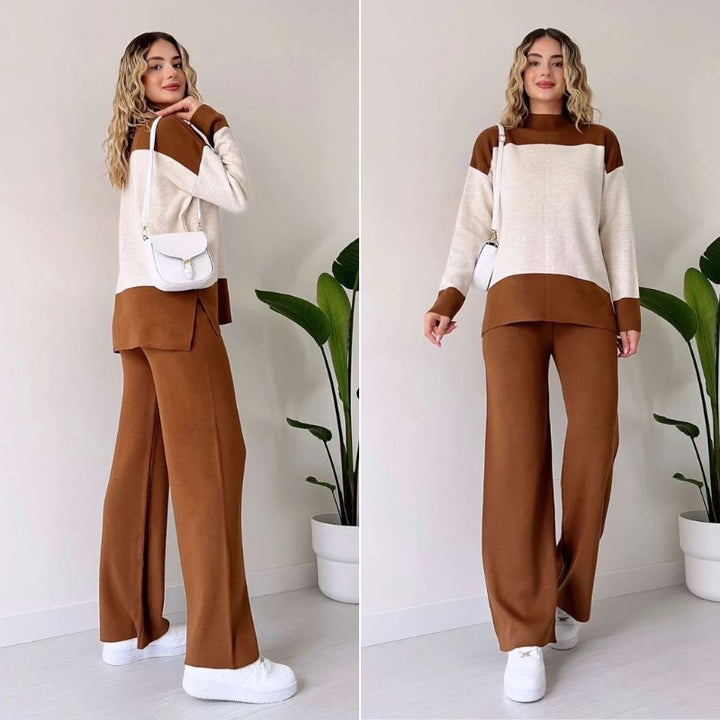 Wenja -ラウンドネックトップスとワイドレッグパンツの2点セット