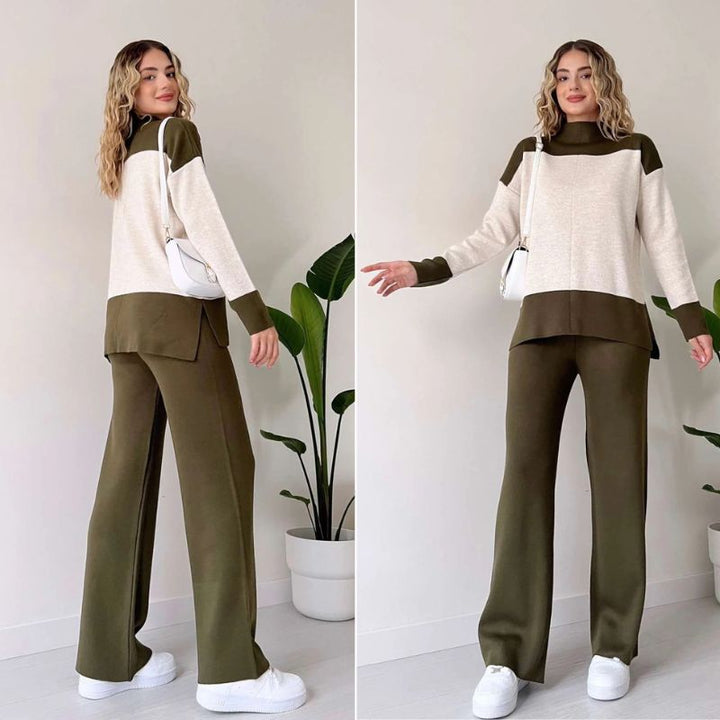 Wenja -ラウンドネックトップスとワイドレッグパンツの2点セット
