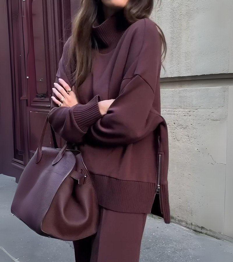 Blandine - ニットツーピースセット タートルネックセーターとワイドレッグパンツ
