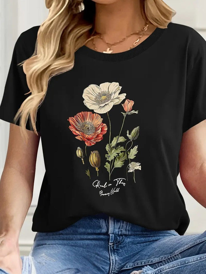 Aimilia - フローラルプリントのエレガントな半袖Tシャツ