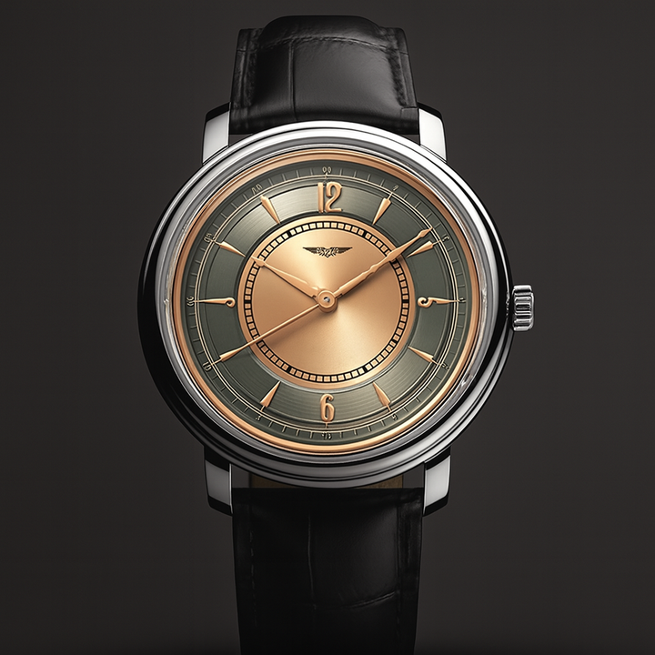 AurexTime - クラシックなツートーンゴールド文字盤のレザーウォッチ