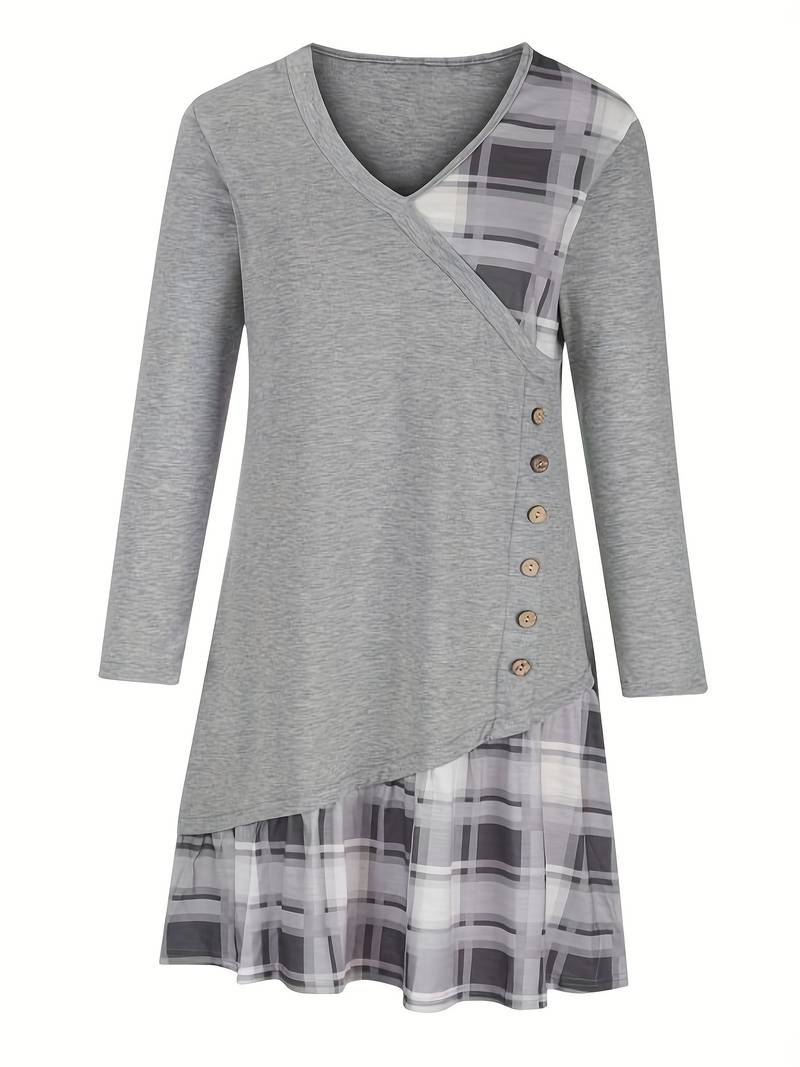 Alinor - カジュアルなチェック柄パッチワーク長袖ワンピース