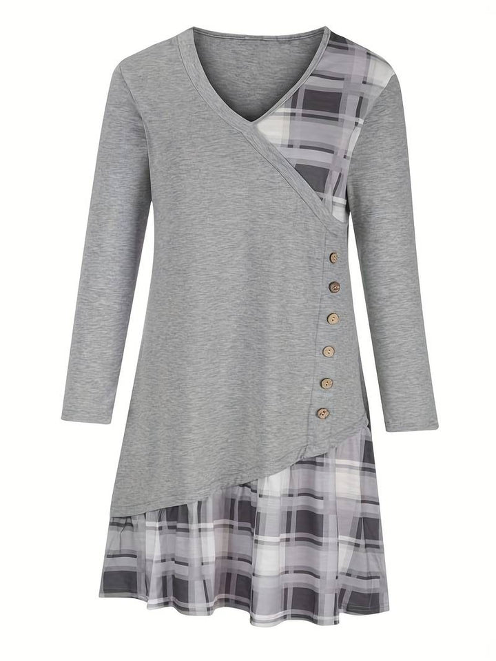 Alinor - カジュアルなチェック柄パッチワーク長袖ワンピース