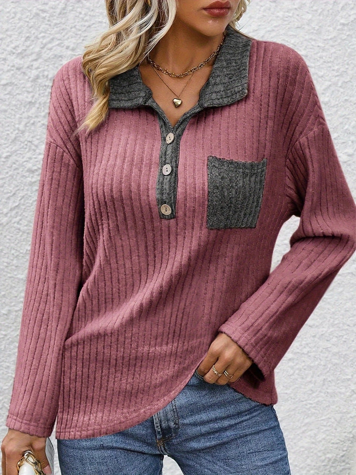 Yanna - ファッションピットストライプポロカラーボタントップ