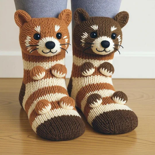 CozyCritters - 編み込み動物柄の足元を温かくするソックス