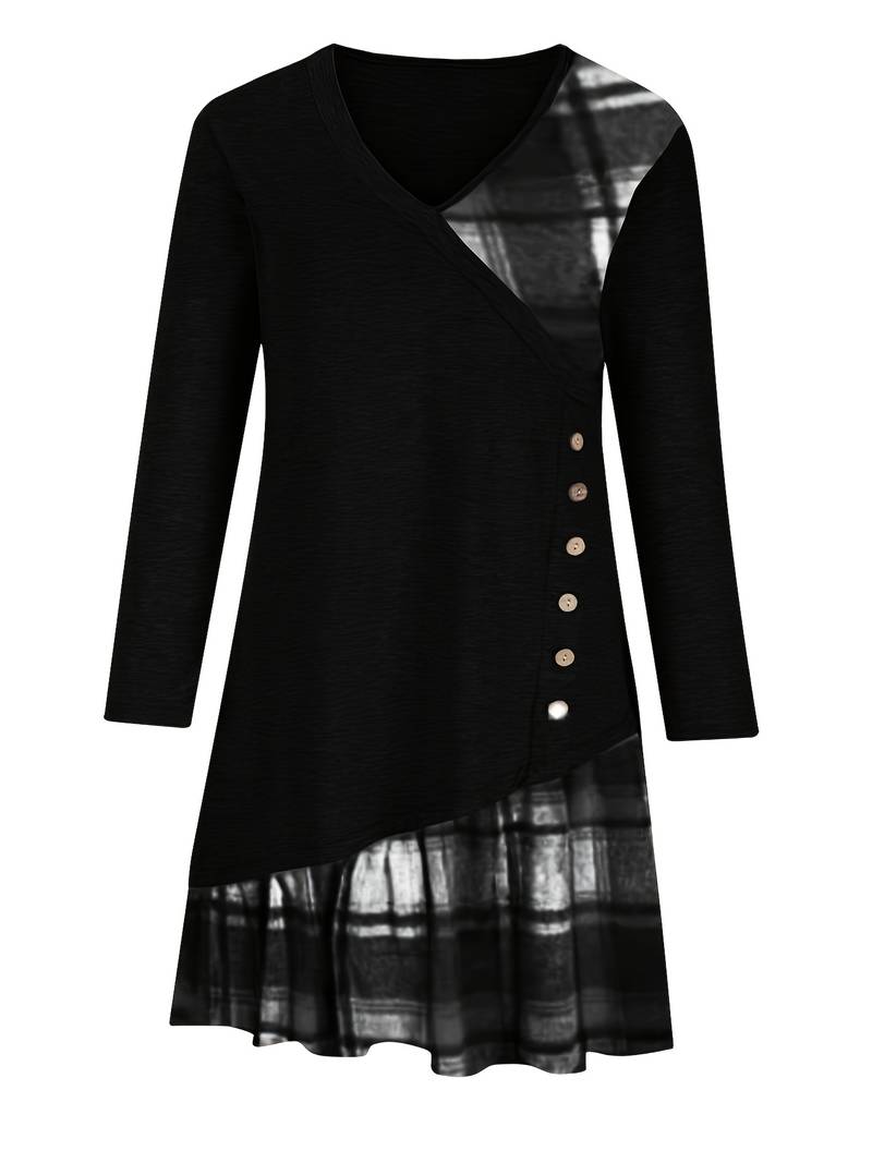 Alinor - カジュアルなチェック柄パッチワーク長袖ワンピース