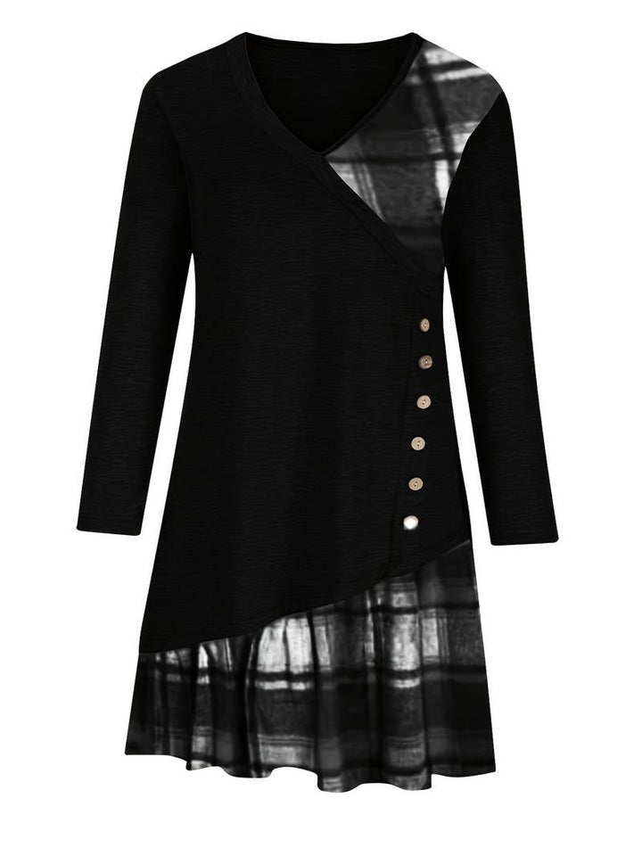 Alinor - カジュアルなチェック柄パッチワーク長袖ワンピース