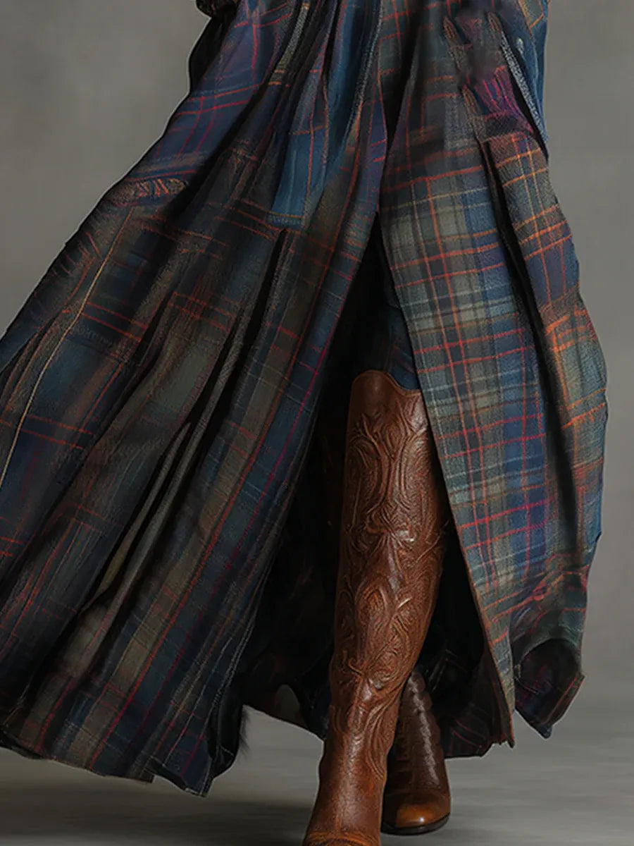 ネフェレ - ボヘミアンエレガンス スエードとチェック柄スカート