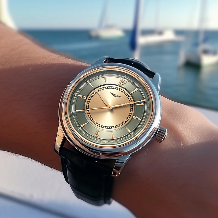 AurexTime - クラシックなツートーンゴールド文字盤のレザーウォッチ