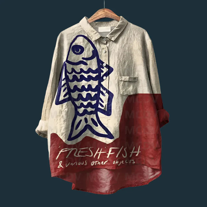 Saioa - 快適なヴィンテージシャツに魚のプリント
