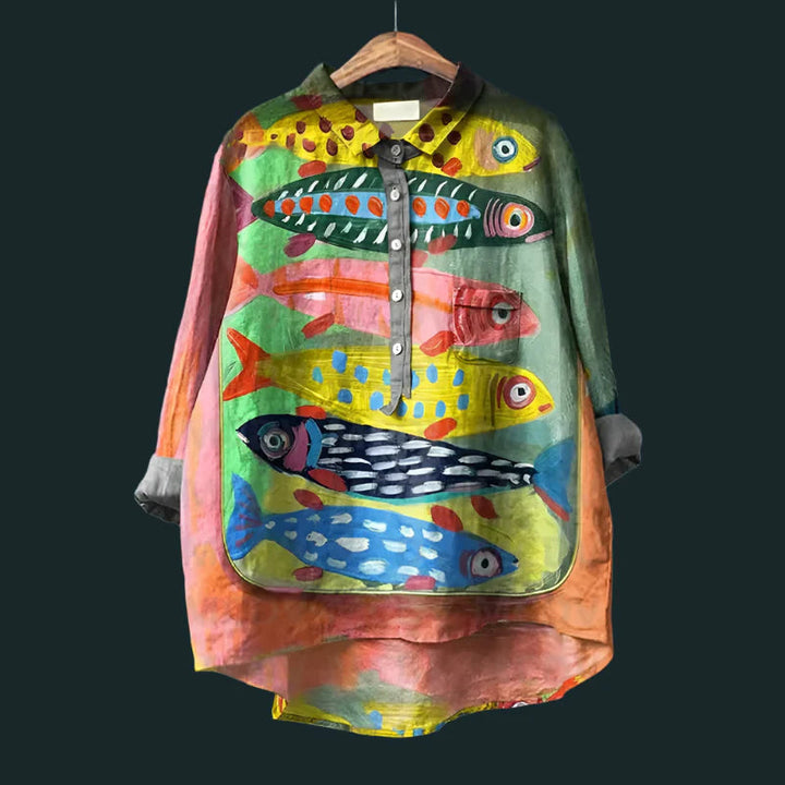 Saioa - 快適なヴィンテージシャツに魚のプリント