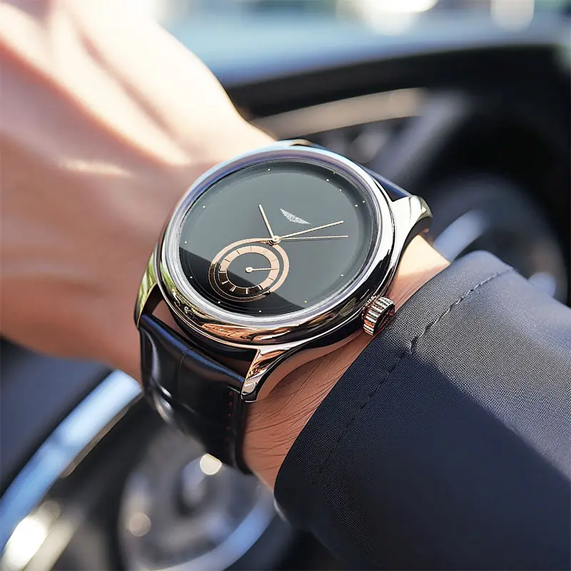 AurexTime - クラシックなツートーンゴールド文字盤のレザーウォッチ