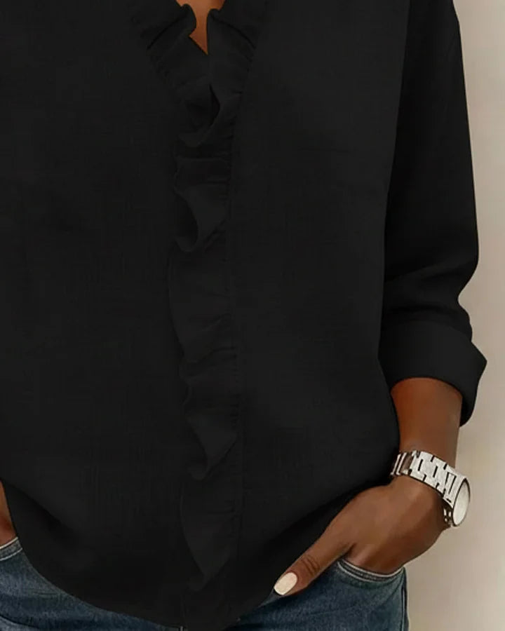 Aletta - ラッフルVネック長袖ブラウス