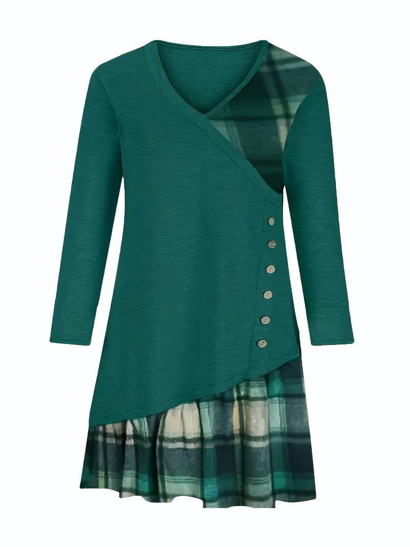 Alinor - カジュアルなチェック柄パッチワーク長袖ワンピース