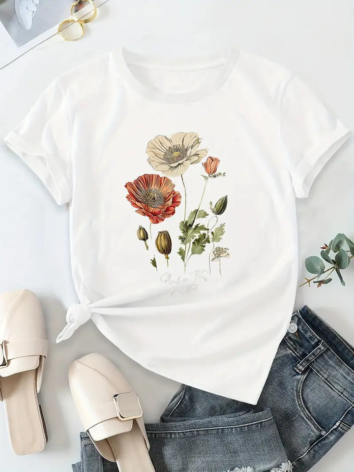 Aimilia - フローラルプリントのエレガントな半袖Tシャツ