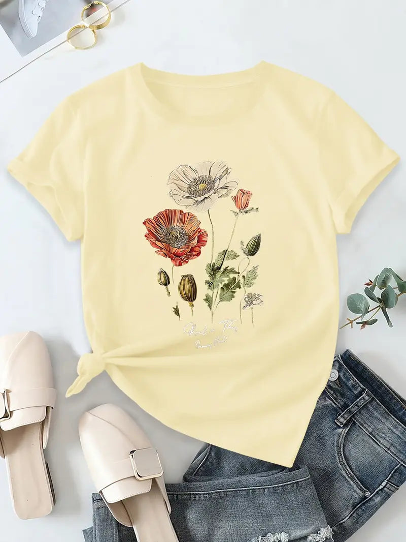 Aimilia - フローラルプリントのエレガントな半袖Tシャツ