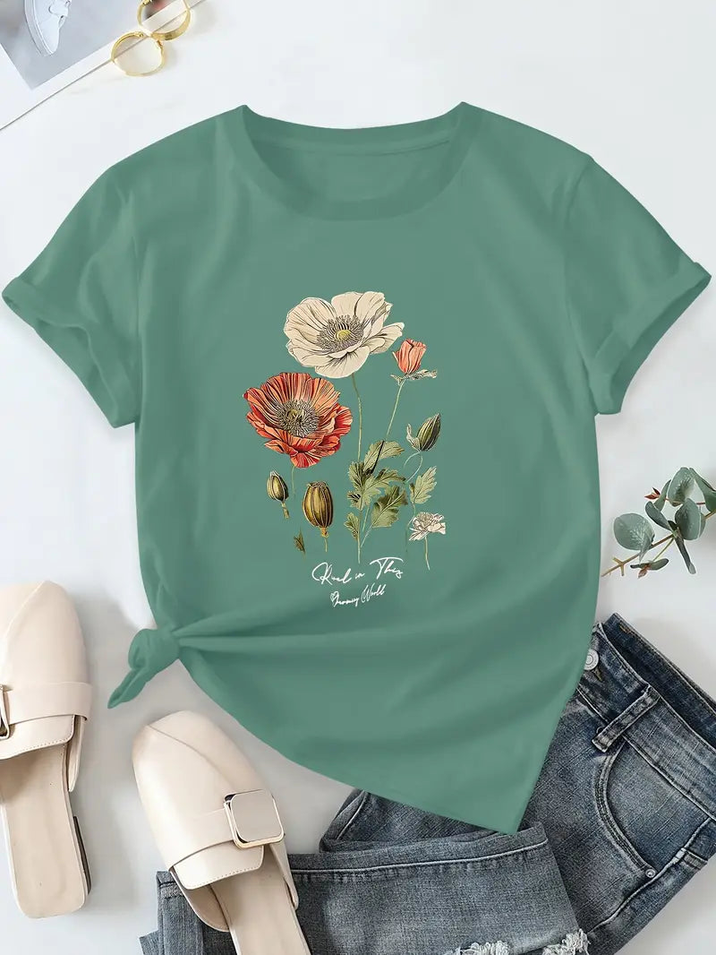Aimilia - フローラルプリントのエレガントな半袖Tシャツ