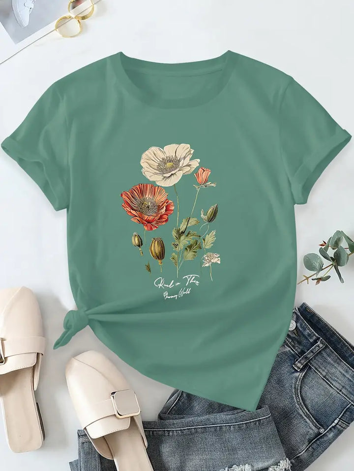 Aimilia - フローラルプリントのエレガントな半袖Tシャツ