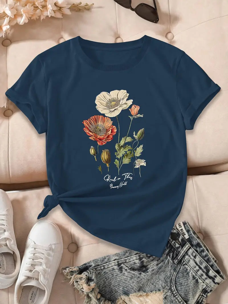 Aimilia - フローラルプリントのエレガントな半袖Tシャツ