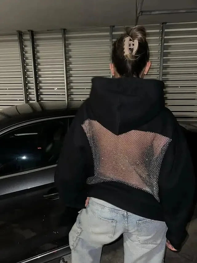 Yasmina - バックレス メッシュ グリッター フード付きパーカー