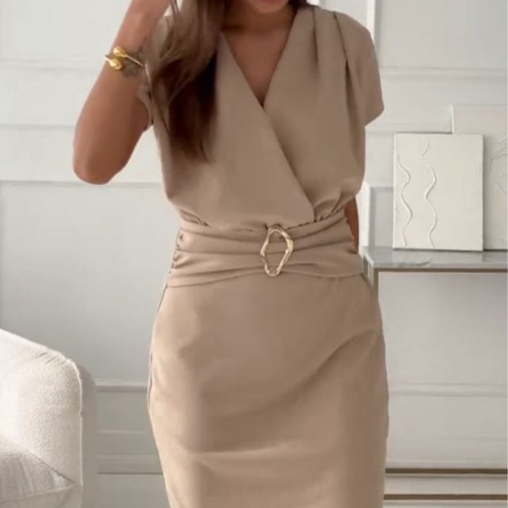 Jaclyn - Vネック ショートスリーブ ショートドレス ウェスト絞りデザイン